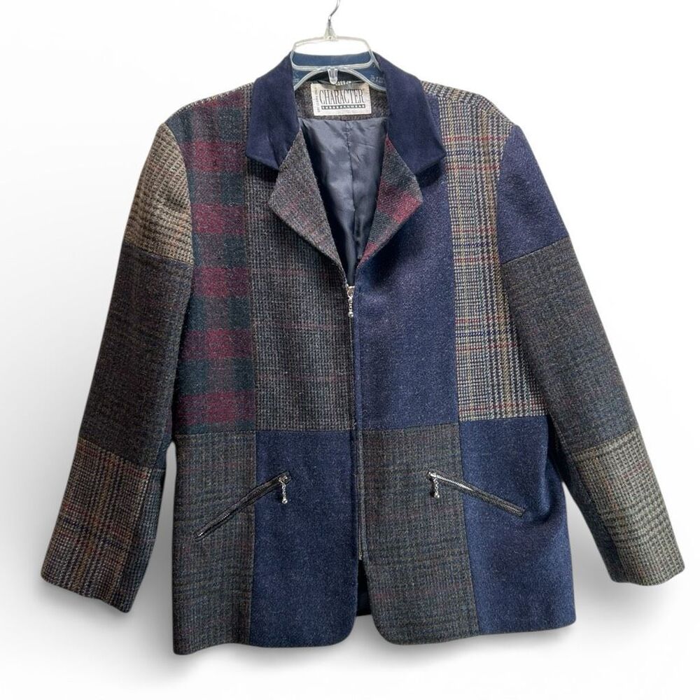 Patchwork Wool Jacket Blue Plaid Zip Front Vtg10 … - image 2